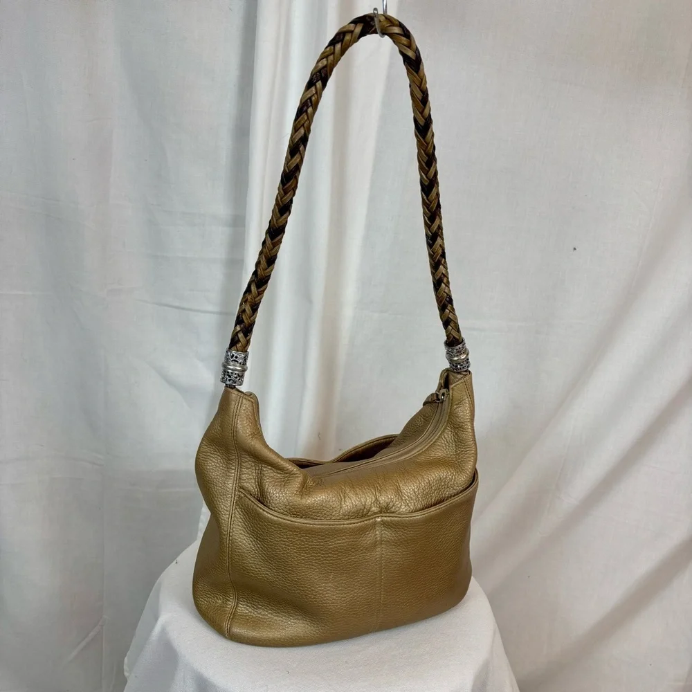 Brighton Gold Leather with Earthy Multicolor Braided Strap Hobo Handbag new $599